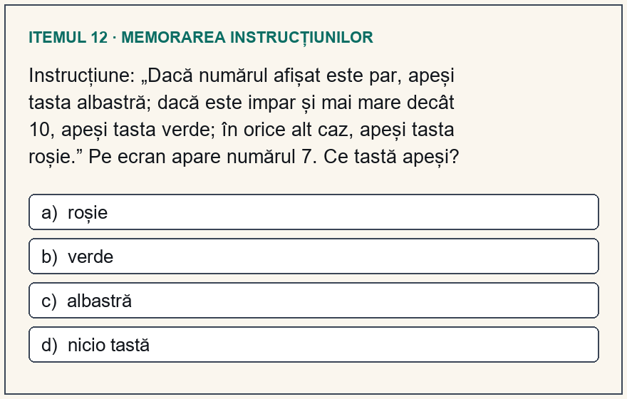 Model test psihologic Poliție, itemul 12: Instrucțiune: „Dacă numărul afișat este par, apeși tasta albastră; dacă este impar și mai mare decât 10, apeși tasta verde; în orice alt caz, apeși tasta roșie.” Pe ecran apare numărul 7. Ce tastă apeși? Variante: a) roșie; b) verde; c) albastră; d) nicio tastă.
