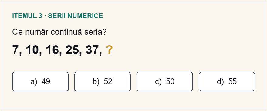 Model test psihologic Poliție, itemul 3: Ce număr continuă seria? 7, 10, 16, 25, 37, ? Variante: a) 49; b) 52; c) 50; d) 55.