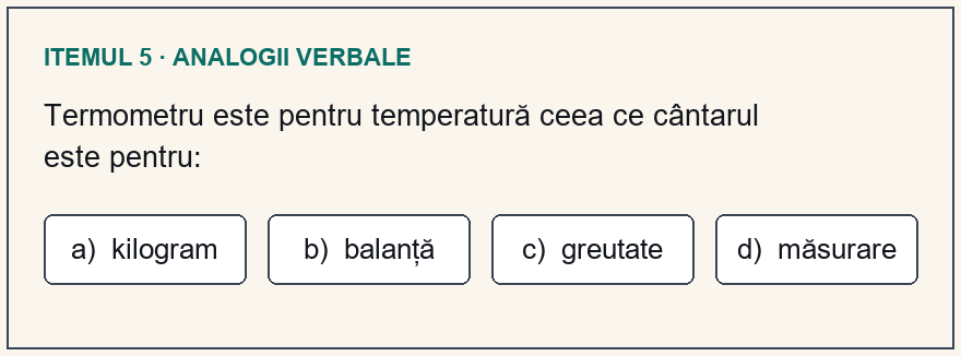 Model test psihologic Poliție, itemul 5: Termometru este pentru temperatură ceea ce cântarul este pentru: Variante: a) kilogram; b) balanță; c) greutate; d) măsurare.