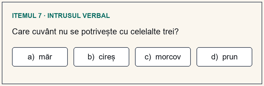 Model test psihologic Poliție, itemul 7: Care cuvânt nu se potrivește cu celelalte trei? Variante: a) măr; b) cireș; c) morcov; d) prun.