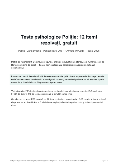 Teste psihologice Poliție PDF, pagina 1: coperta cu titlul, familiile de probe și mențiunea că itemii sunt originali, nu testele oficiale