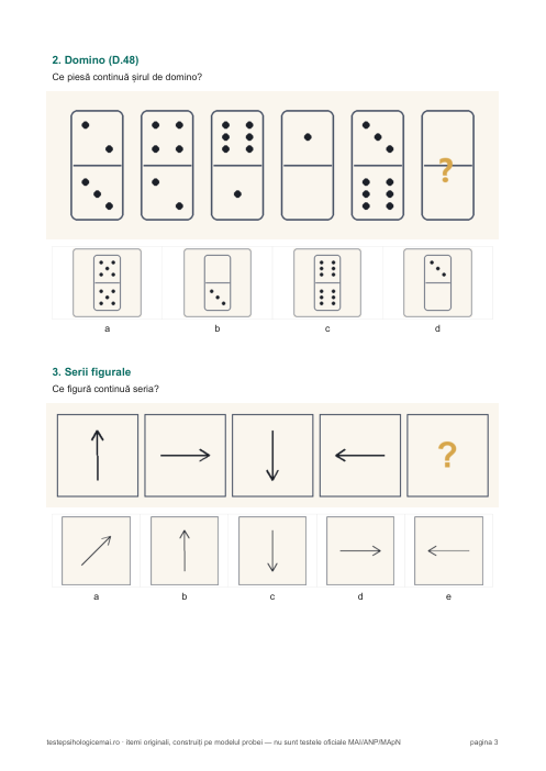 Teste psihologice Poliție PDF, pagina 3: un item Domino D.48 și o serie figurală, cu variantele de răspuns
