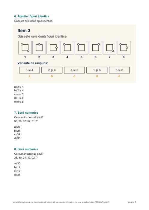 Teste psihologice Poliție PDF, pagina 5: figuri identice și două serii numerice